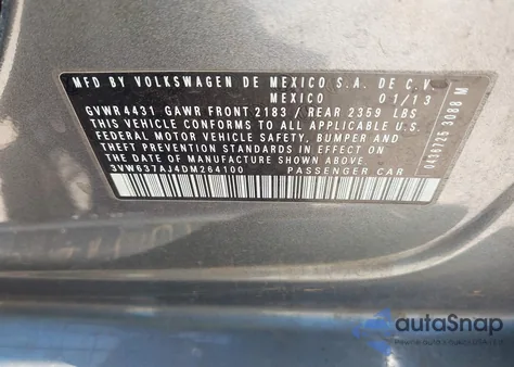 2013 Volkswagen Jetta Hybrid Sel Premium z USA, uszkodzony, nr VIN 3VW637AJ4DM264100